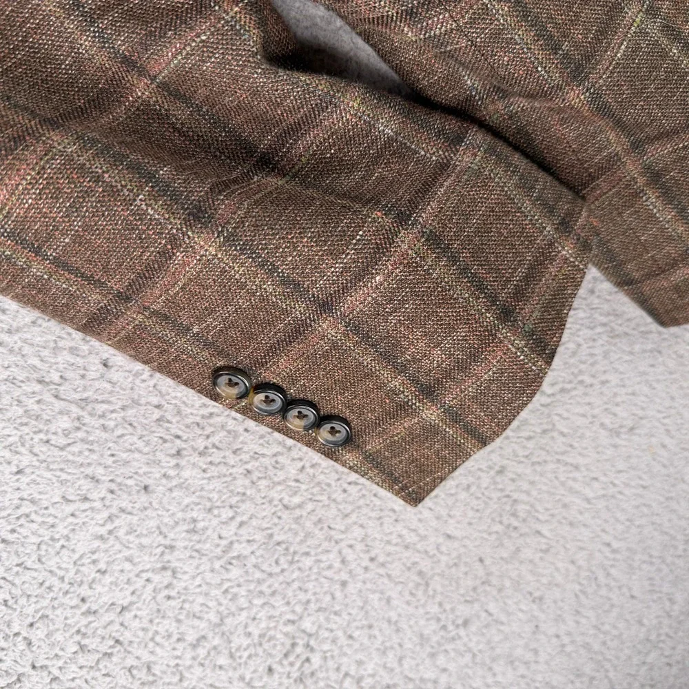 Brooks Brothers Sport Coat Mens 42L Brown Regent Plaid Wool Silk Linen E. Thomas